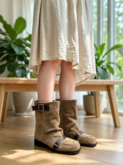 Women's Koreanstyle Belt Buckle Slouch Boots, Widecalf Squaretoe Blockheel Midcalf Riding Boots