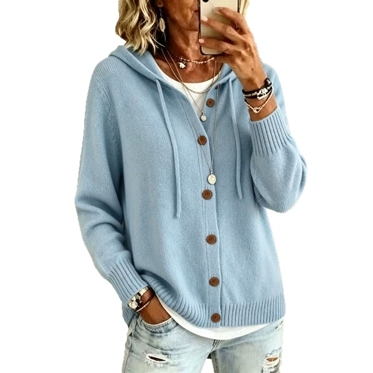 Hooded Drawstring Sweatshirt Cardigan With Knitted Buttons