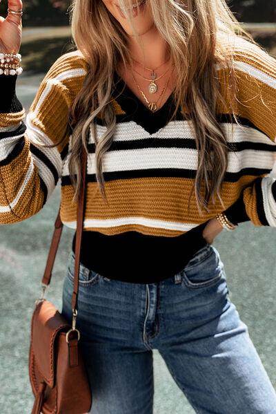 Contrast Stripes V Neck Long Sleeve Sweater for Women