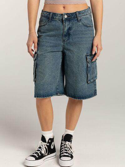 Mid-Rise Waist Denim Shorts with Pockets for Women