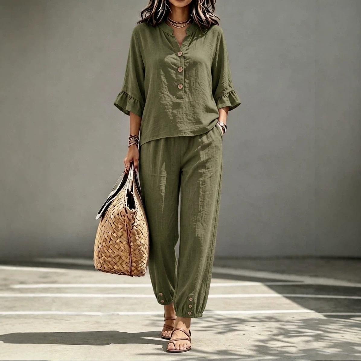 Three-quarter-sleeve Top And Cropped Pants Two-piece Set