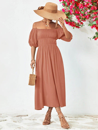 Off-Shoulder Balloon Sleeve Midi Dress for Chic Style