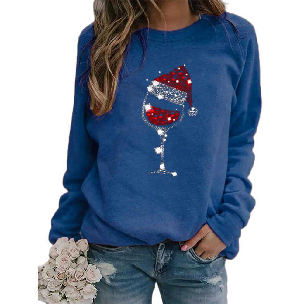 Clothing Christmas Women's Sweater Christmas Hat Red Wine Glass Graphic Print Crew Neck Long-sleeved Sweater