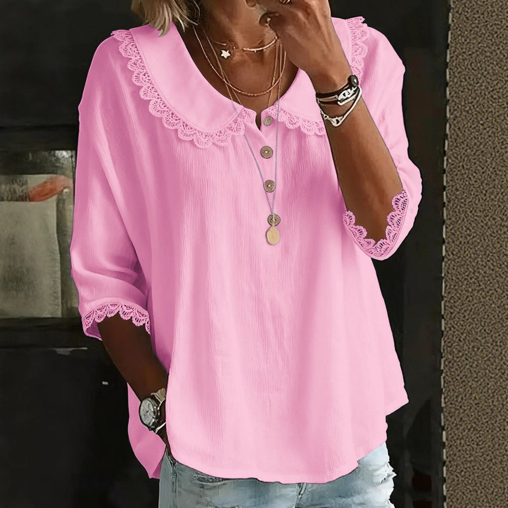 Fashionable Collar With Lace Trim Blouse Tops For Women Spring Summer Solid-Color Button-Up Shirt