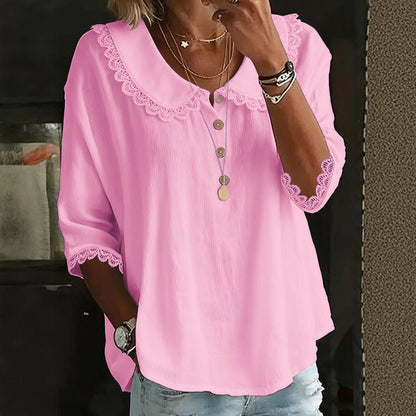 Fashionable Collar With Lace Trim Blouse Tops For Women Spring Summer Solid-Color Button-Up Shirt