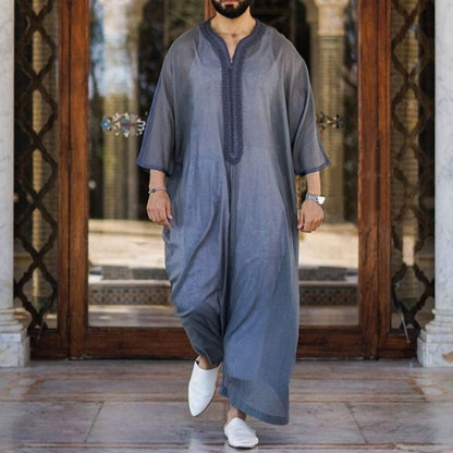 Thin Gray Linen Cotton Loose Muslim Robe