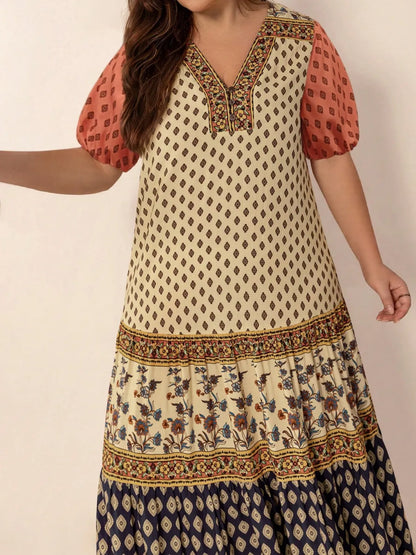 Plus Size Ruched Printed Short Sleeve Midi Dress