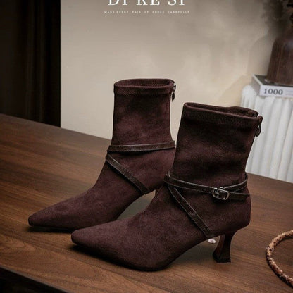 High Heel Back Zipper Slim Fit Boots For Women 2026 New Matte Leather Buckle Pointed Toe Elegant Ankle Boots Vintage Stiletto Ankle Boots