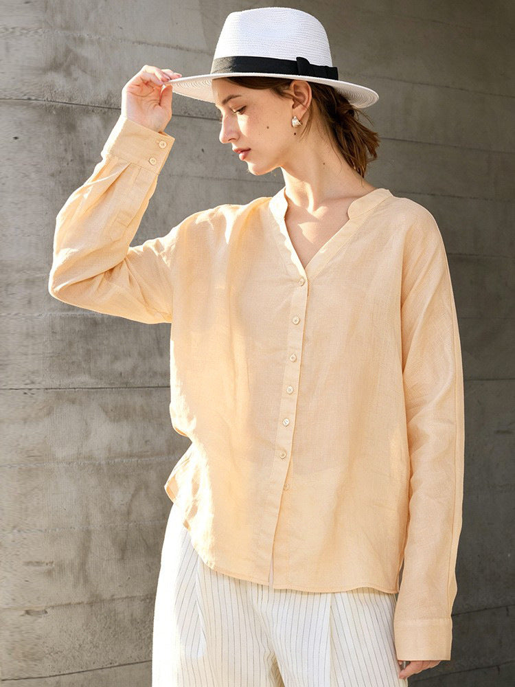 Ramie V-Neck Long Sleeve Blouse