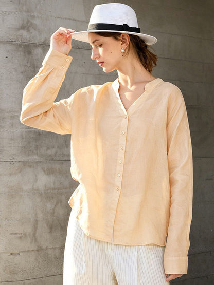 Ramie V-Neck Long Sleeve Blouse