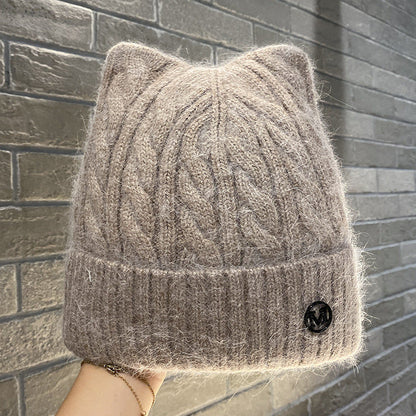 Cute Cat-ear Knitted Wool Warm Hat Versatile Face-slimming