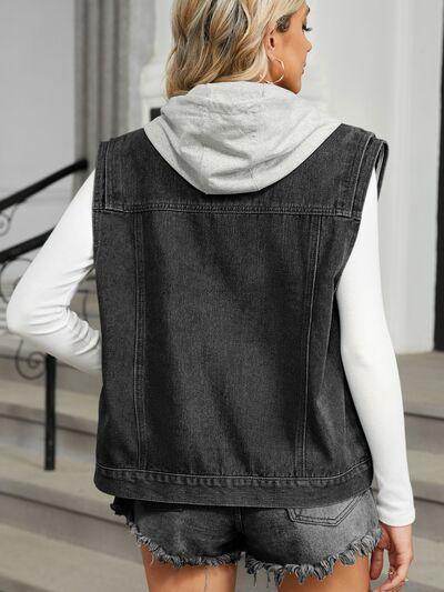 Pocketed Button Up Sleeveless Denim Jacket for Women