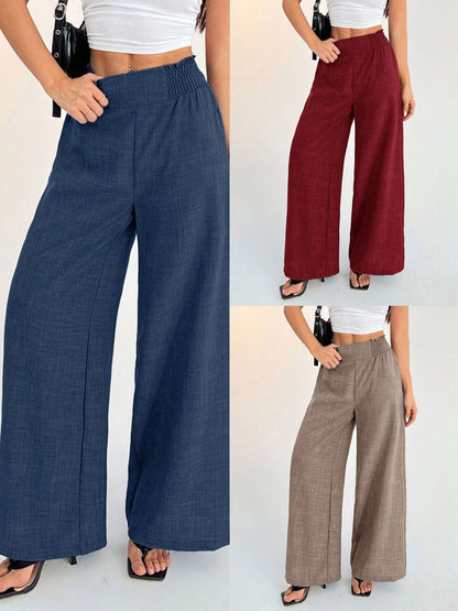 Women's Solid Color Smocked Elastic Wide Leg Pants, Casual Fashion Loose Long Trousers