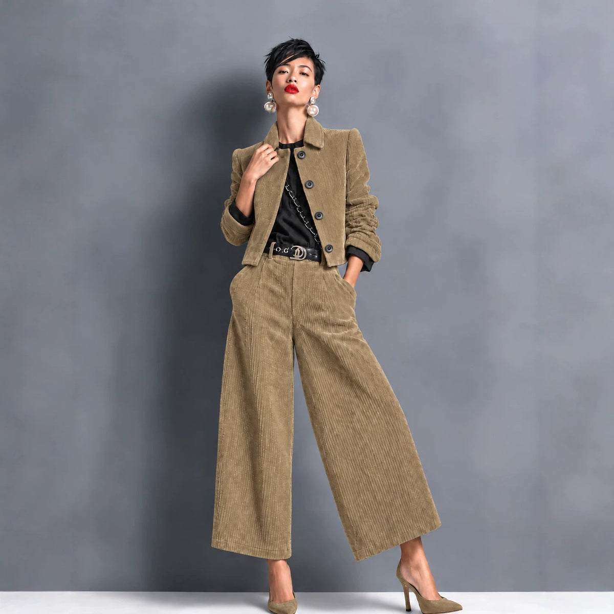 Corduroy Cropped Jacket And Wide-leg Pants Set