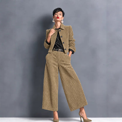 Corduroy Cropped Jacket And Wide-leg Pants Set