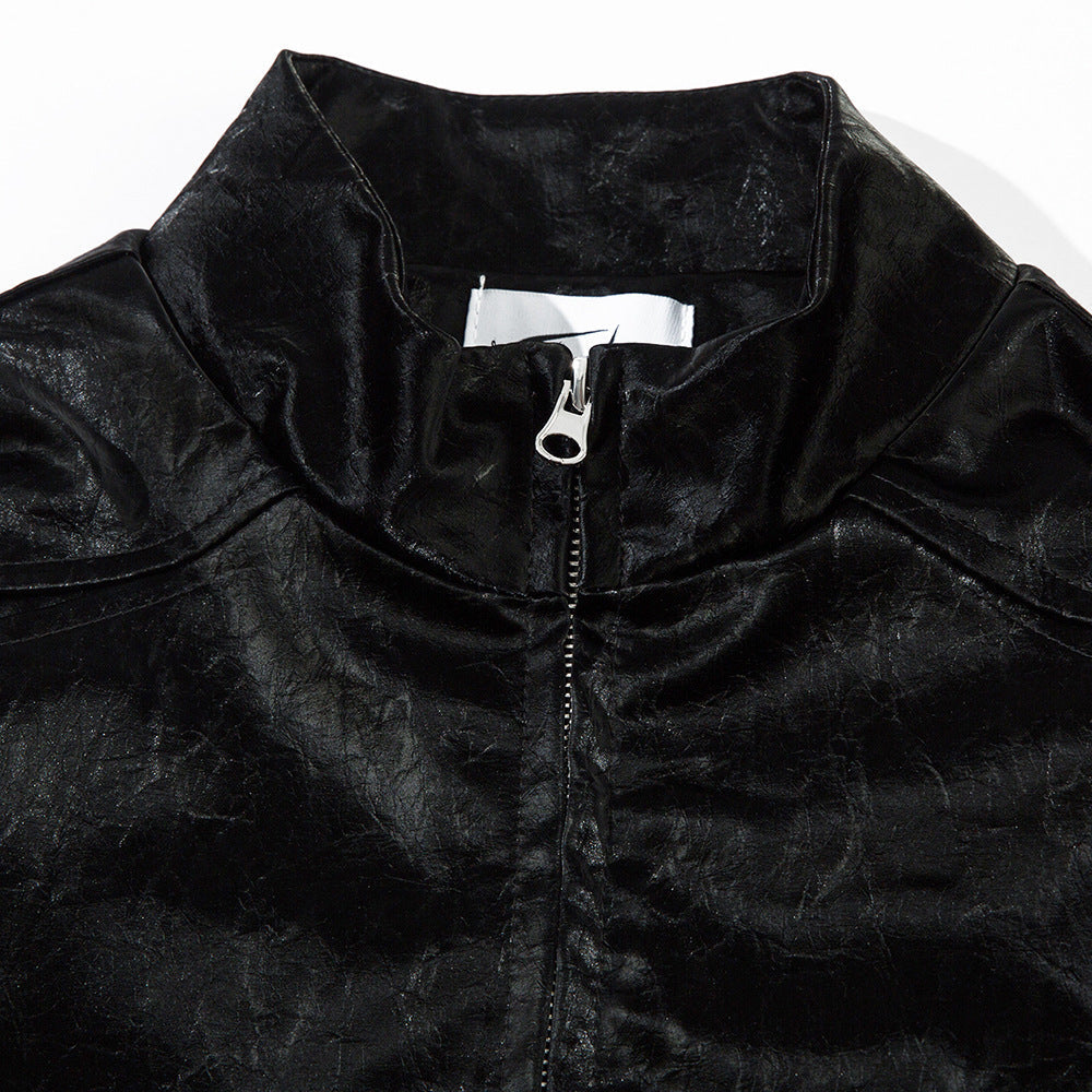 Men's Split Splicing Solid Color Loose Standing Collar Leather Jacket