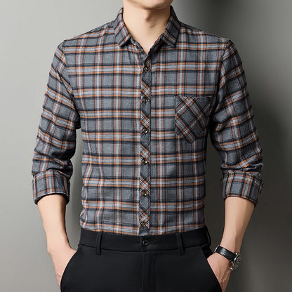 Breathable Fashionable Plaid Long-sleeve Printed Shirt For Middle-aged Men
