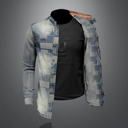 Retro Color Personality Patch Denim Shirt Punk Shirt Men
