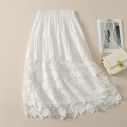 Hollow Out Lace Panel High-waisted A Line Skirt That Flatters The Figure And Offers A Slimming