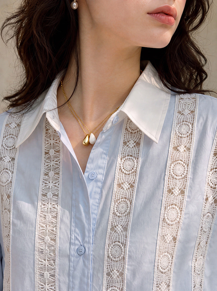 Crochet Lace Striped Long Sleeve Cotton Shirt
