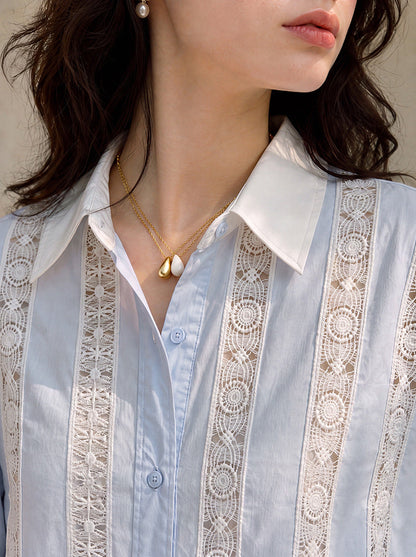 Crochet Lace Striped Long Sleeve Cotton Shirt