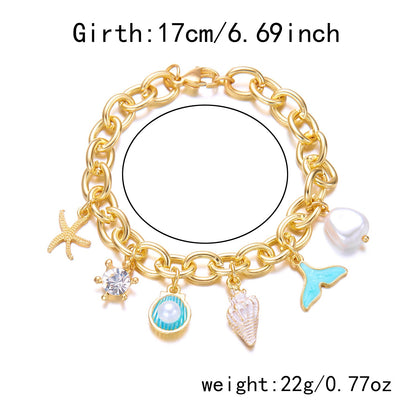 Women's Fashion Starfish Pearl Shell Fishtail Multi-pendant Necklace Bracelet