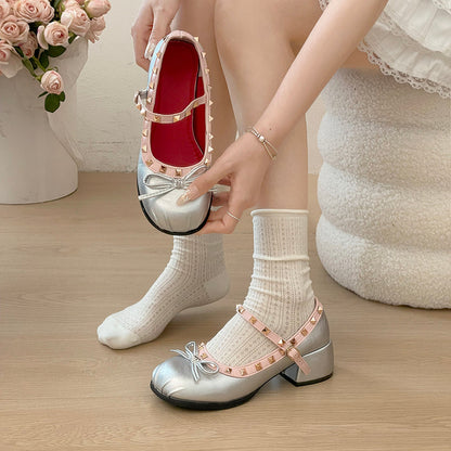 French Ballet Single Shoes Women's Summer 2026 New Style Shallow Bow Fold Rivet Mary Jane Women's Shoes