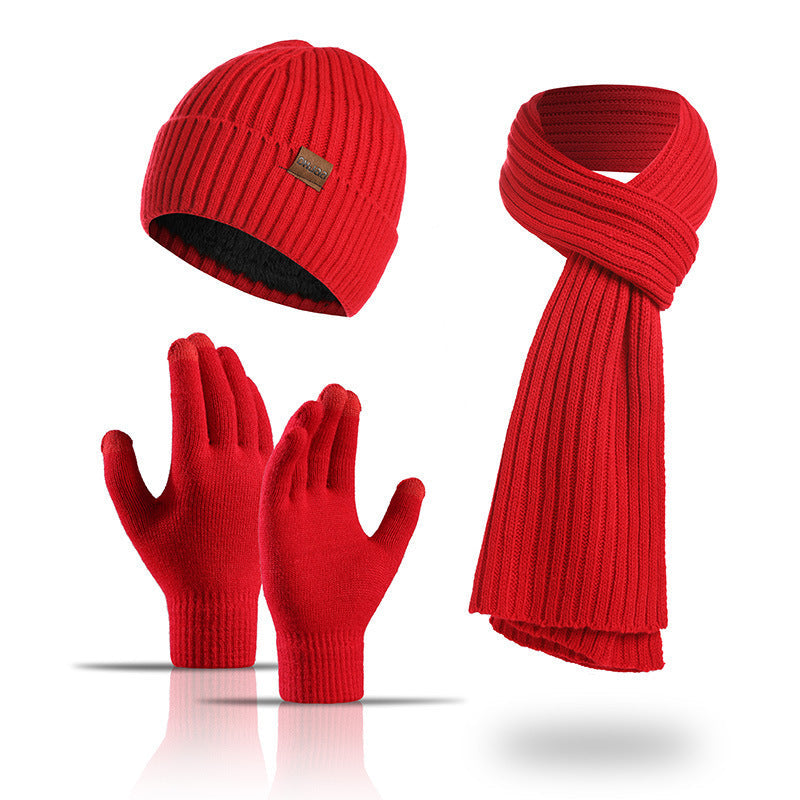 Winter Solid Color Knitted Scarf Hat Gloves Set