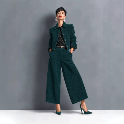 Corduroy Cropped Jacket And Wide-leg Pants Set