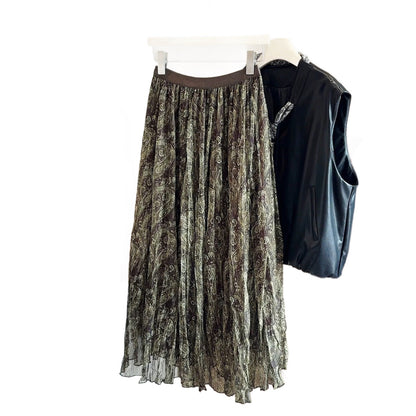 Retro-relaxed Mesh Paisley Pleated Midi Skirt