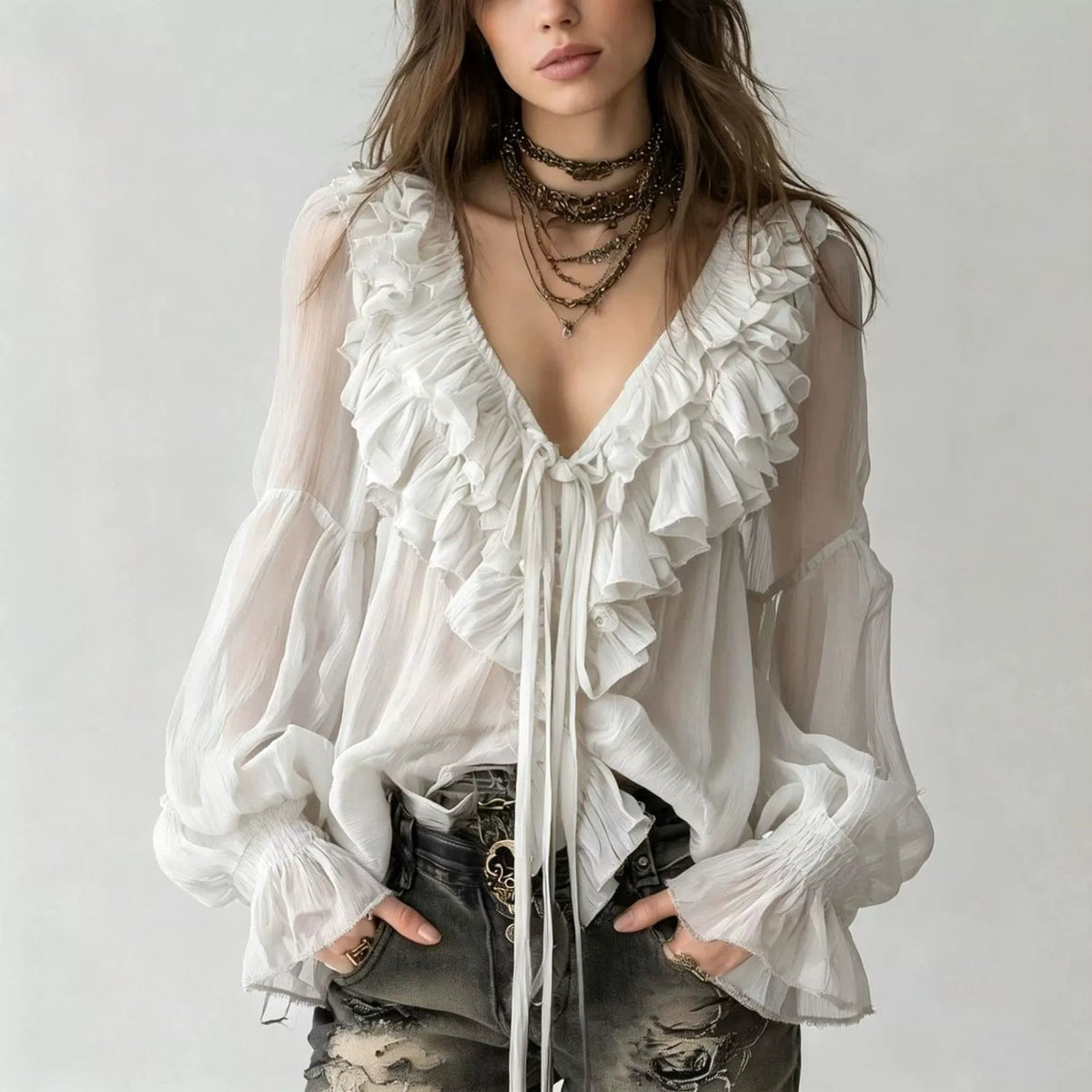 Womens Fashionable Casual V-Neck Long-Sleeve Ruffle-Trim Shirt