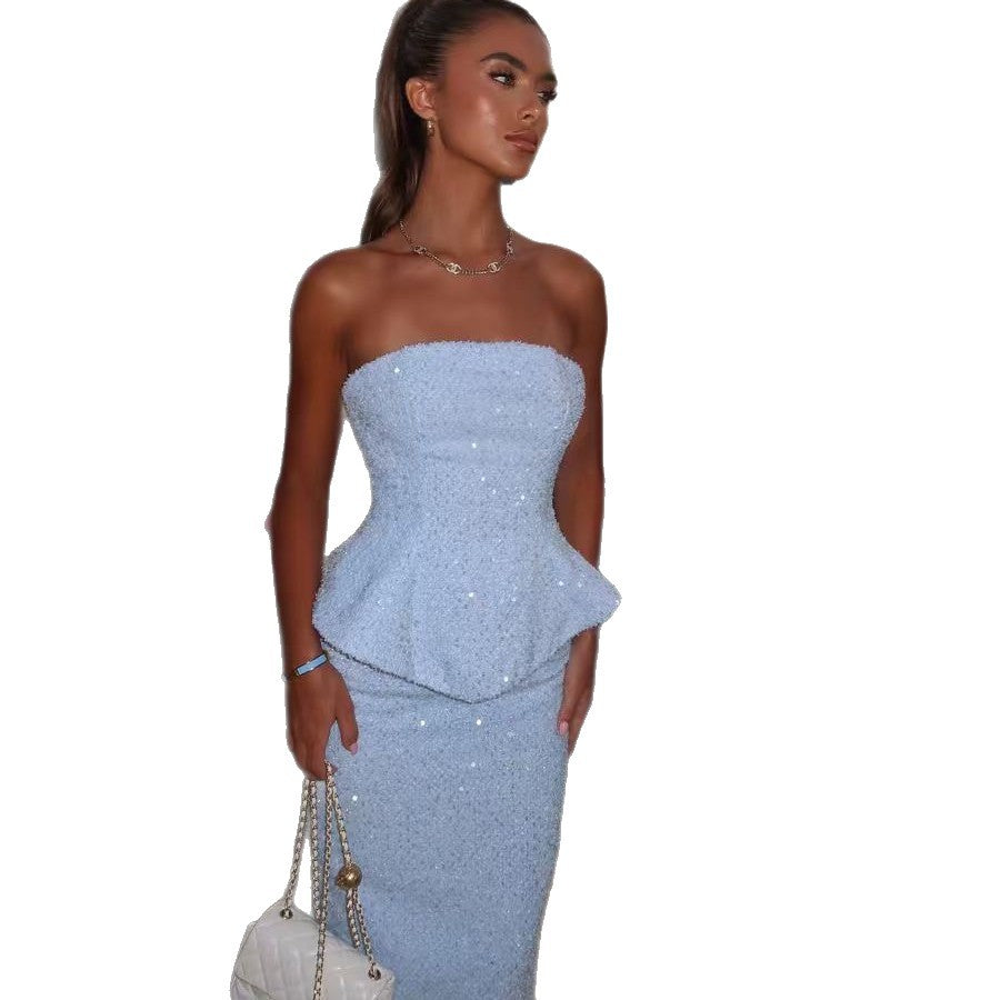 Womens Solid-color Sequined Strapless Dress With Ruffled Hem And Side Slit