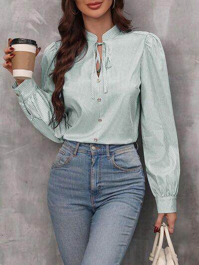 Striped Tie Neck Long Sleeve Shirt for Women Casual Wear