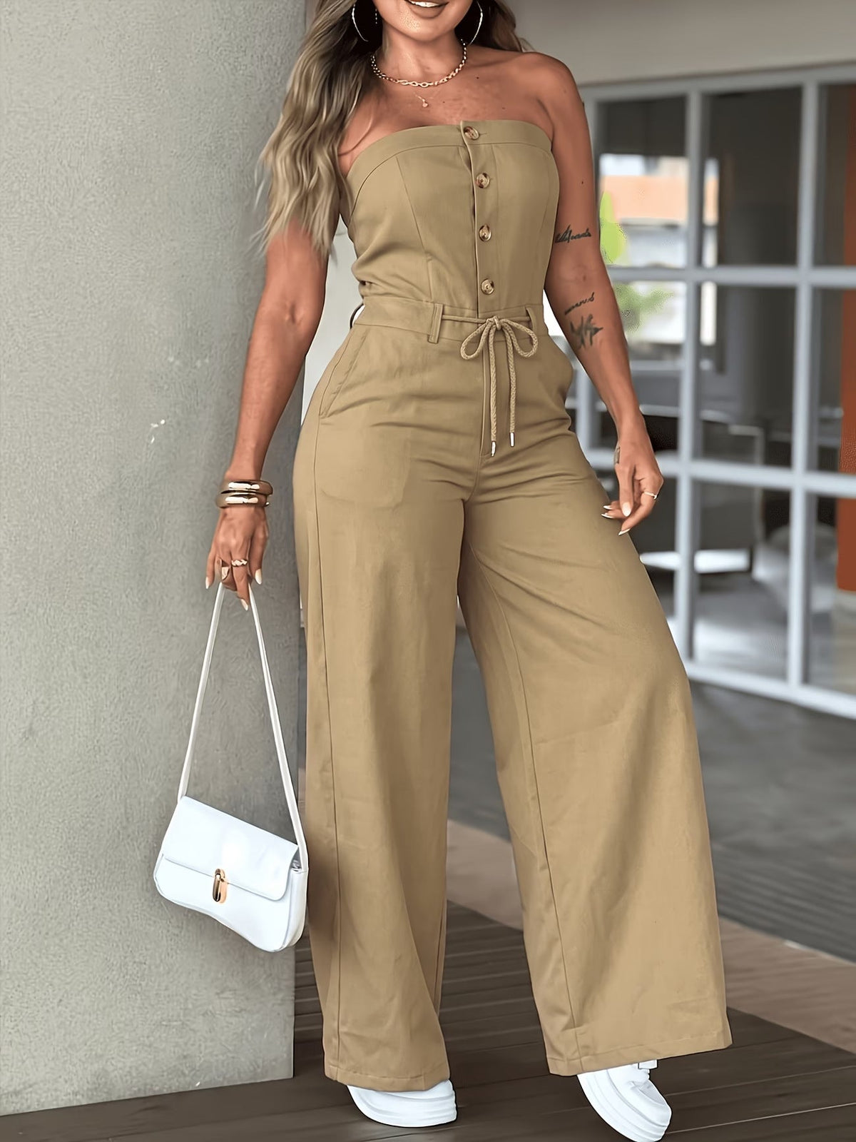 Womens Single-breasted Strapless Drawstring-button Wide-leg Jumpsuit