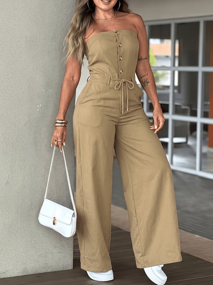 Womens Single-breasted Strapless Drawstring-button Wide-leg Jumpsuit
