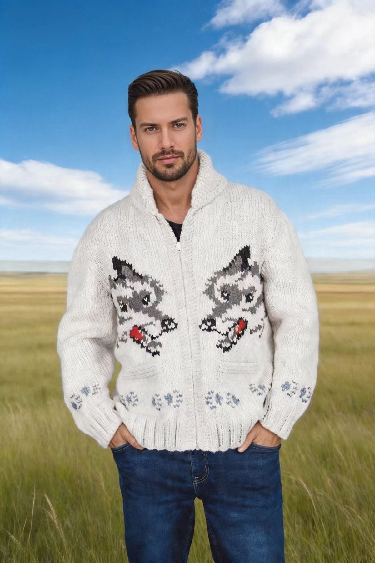 Mens Fox-Pattern Jacquard Sweater Cardigan Knitted Zip-Up Jacket
