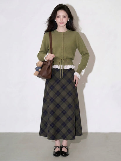 Knitted Cardigan And Plaid Skirt Two-piece Set For Women