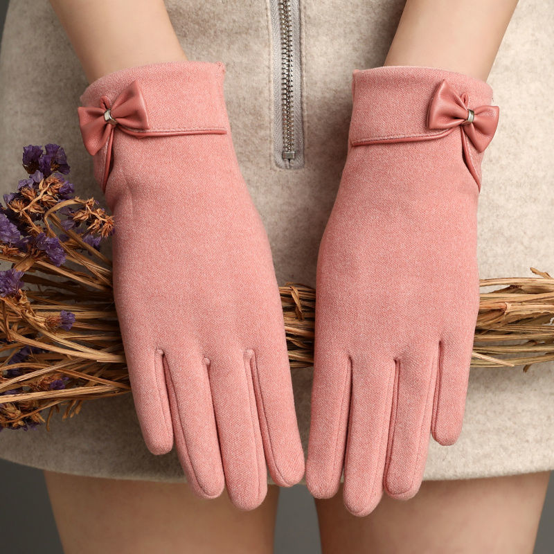 Fleece-Lined Suede Bow Touch Screen Gloves