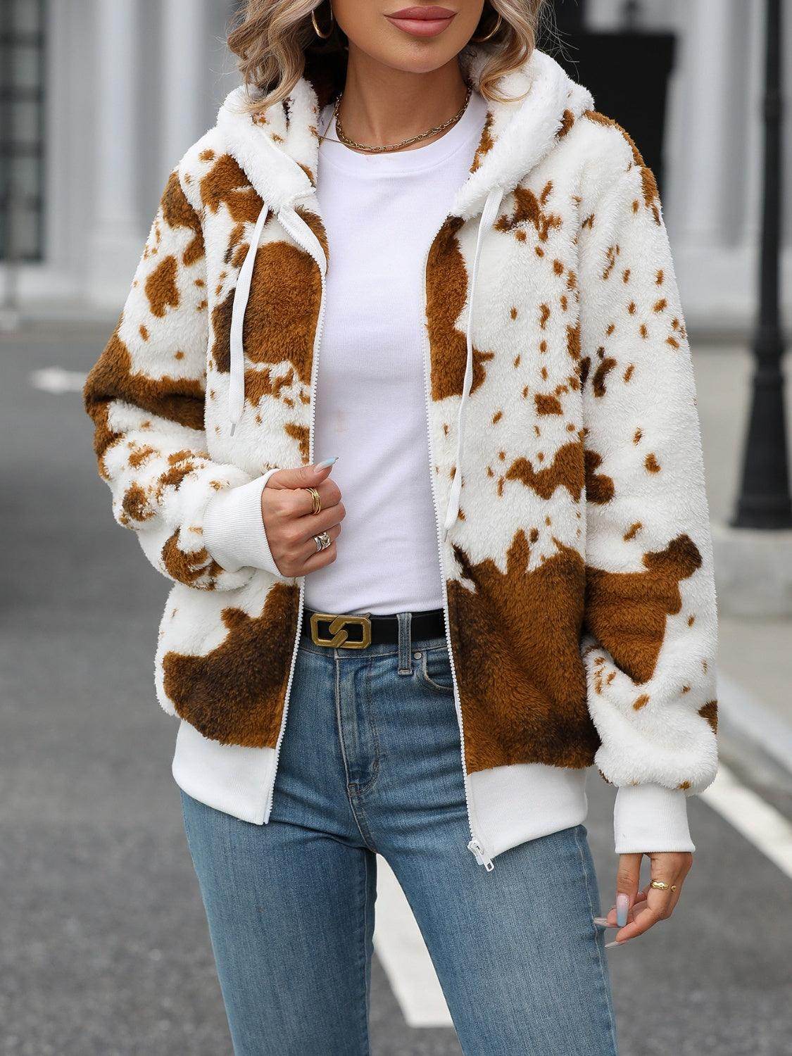Fuzzy Drawstring Zip Up Hooded Jacket for Cozy Style