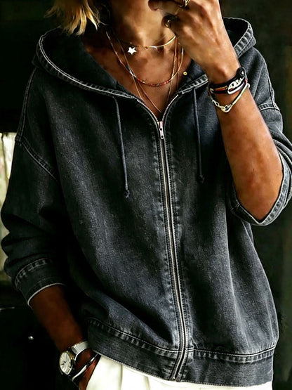 Casual Washed Hoodie With Zipper Loose-fitting And Versatile Top