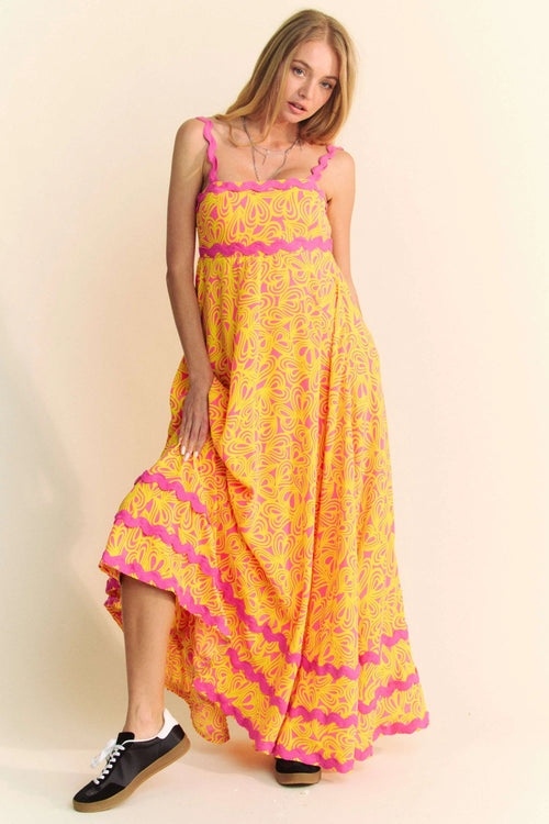 Davi & Dani Geo 2 Tone Printed Wavi Trim Tiered Maxi Dress
