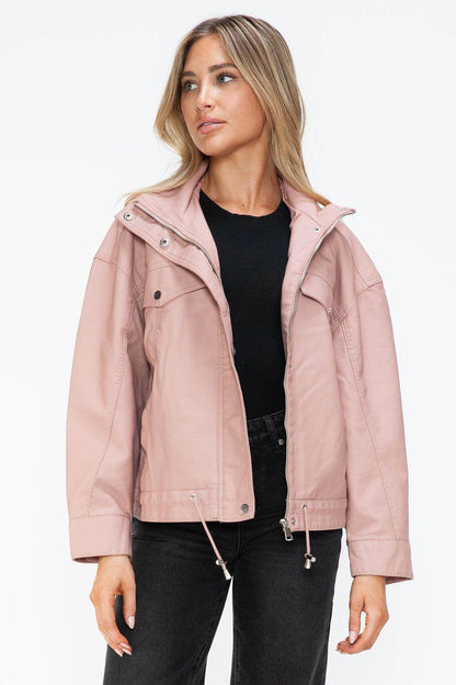 How Dare U Drawstring Hem PU Leather Zip Up Jacket for Women