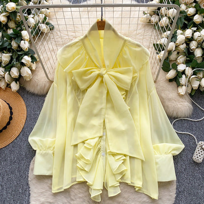 Womens Solid-Color Chiffon Blouse With Ruffled Hem And Long Sleeves