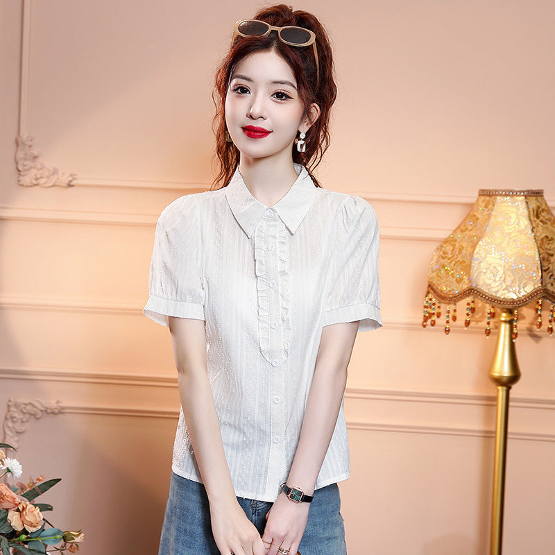 Bubble Sleeve Shirt With Lotus Leaves