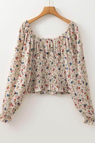 Ruched Printed Scoop Neck Long Sleeve Blouse for Women