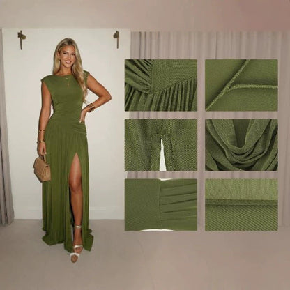 Elegant Waist-cinching Pleated Evening Gown Sleeveless Slit Long Dress