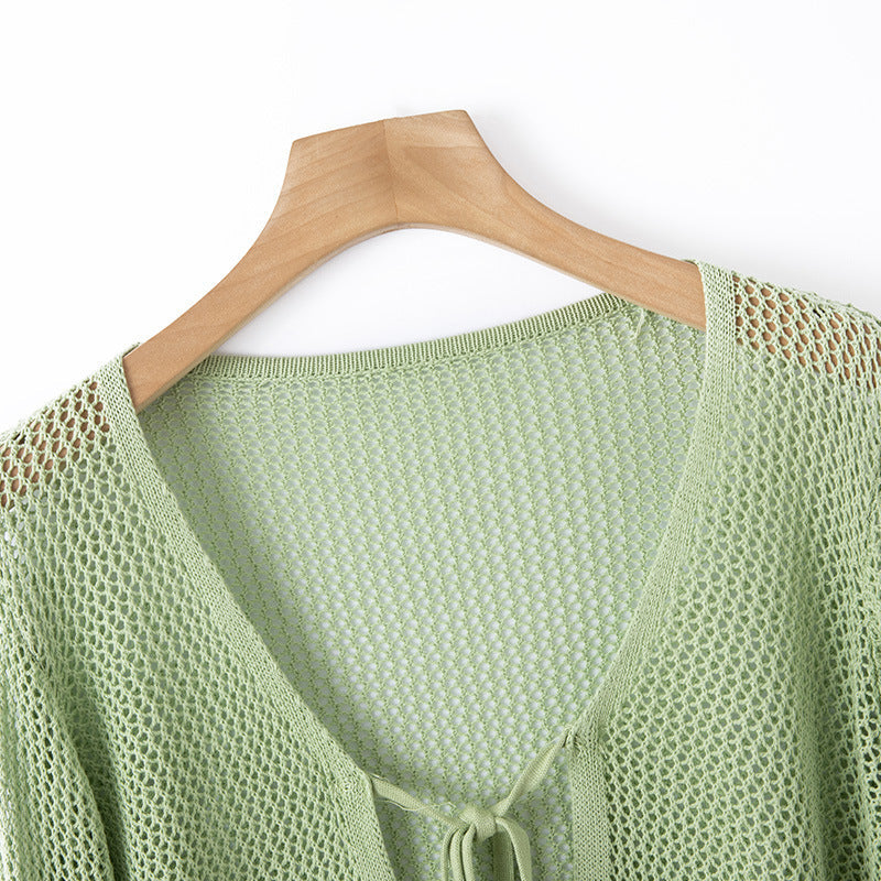 Women's Summer Short Hollow-out Mesh Shirt Ice Silk Shawl Blouse Cardigan