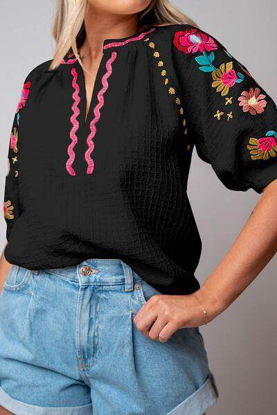 Floral Embroidered Notched Puff Sleeve Blouse for Women