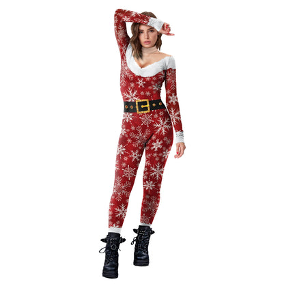 Christmas Clothing Snowflake Print One-piece Tight Jumpsuit