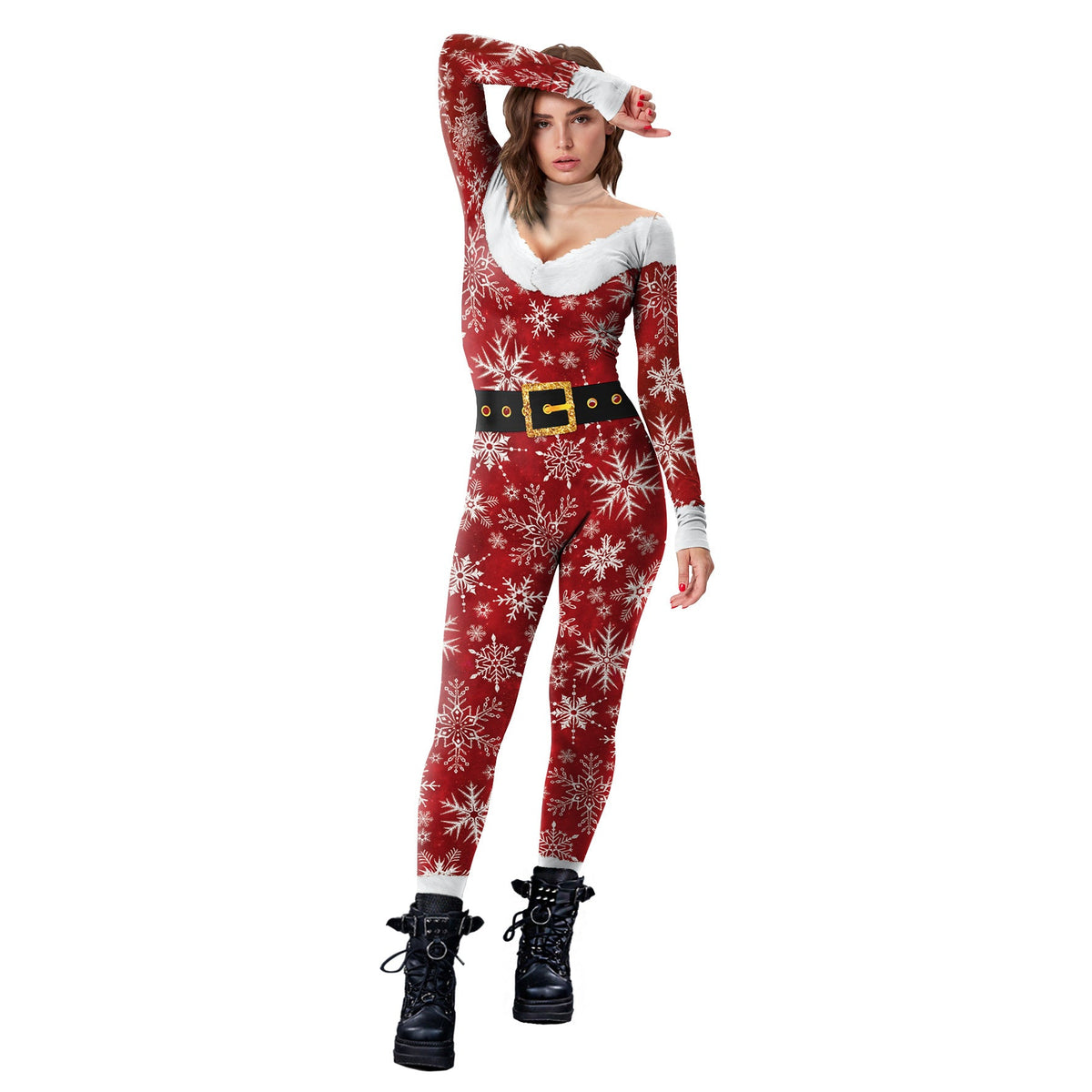 Christmas Clothing Snowflake Print One-piece Tight Jumpsuit